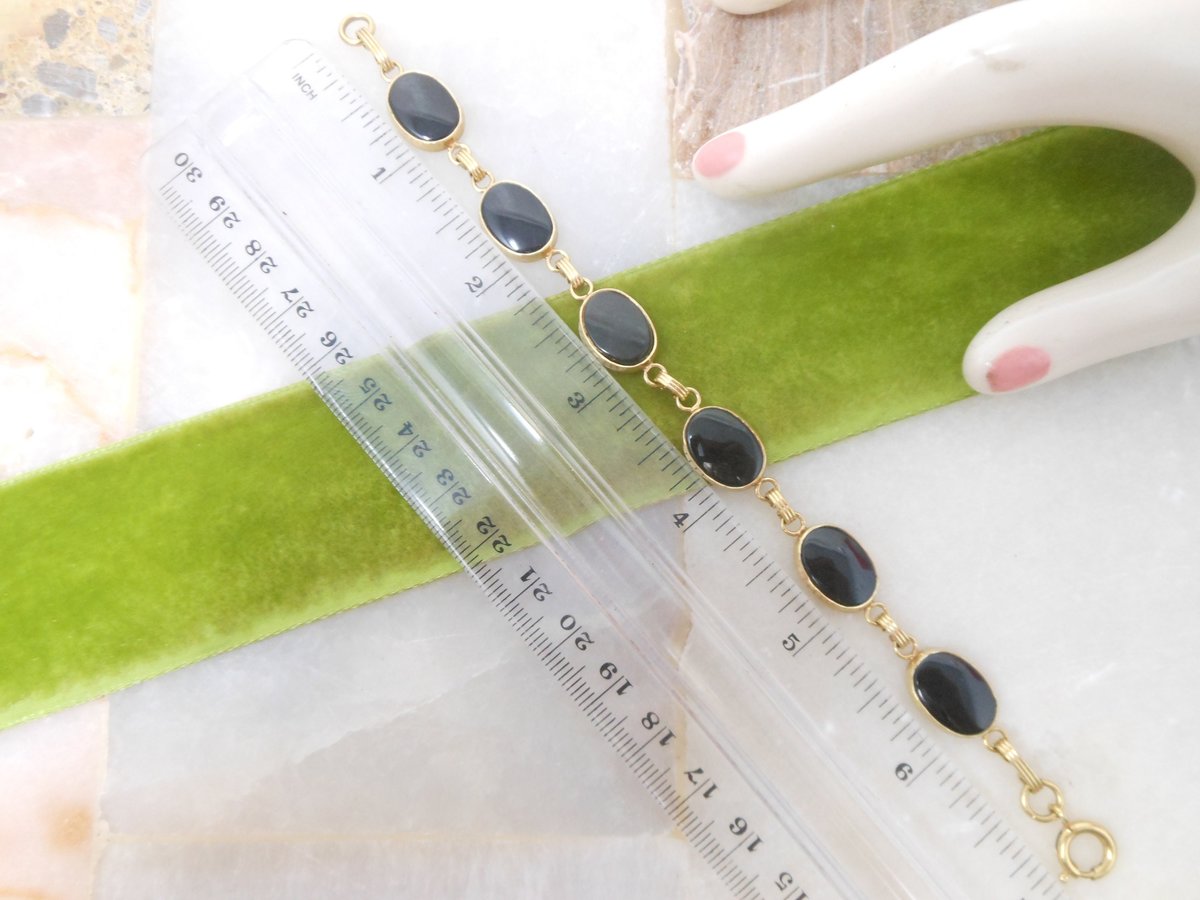 Vintage Black Glass GOLD FILL Bracelet 12K GF Chain Mourning Jewelry Gift Mid Century, VivianJoel.com