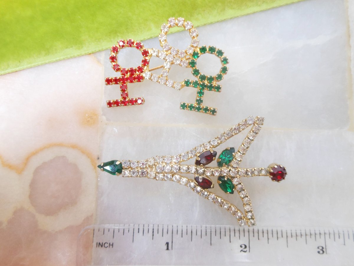 Vintage Christmas Tree HO HO HO Pin Brooch Lot 2 Rhinestone Red Green Santa Holiday Mid Century Jewelry Gift, VivianJoel.com