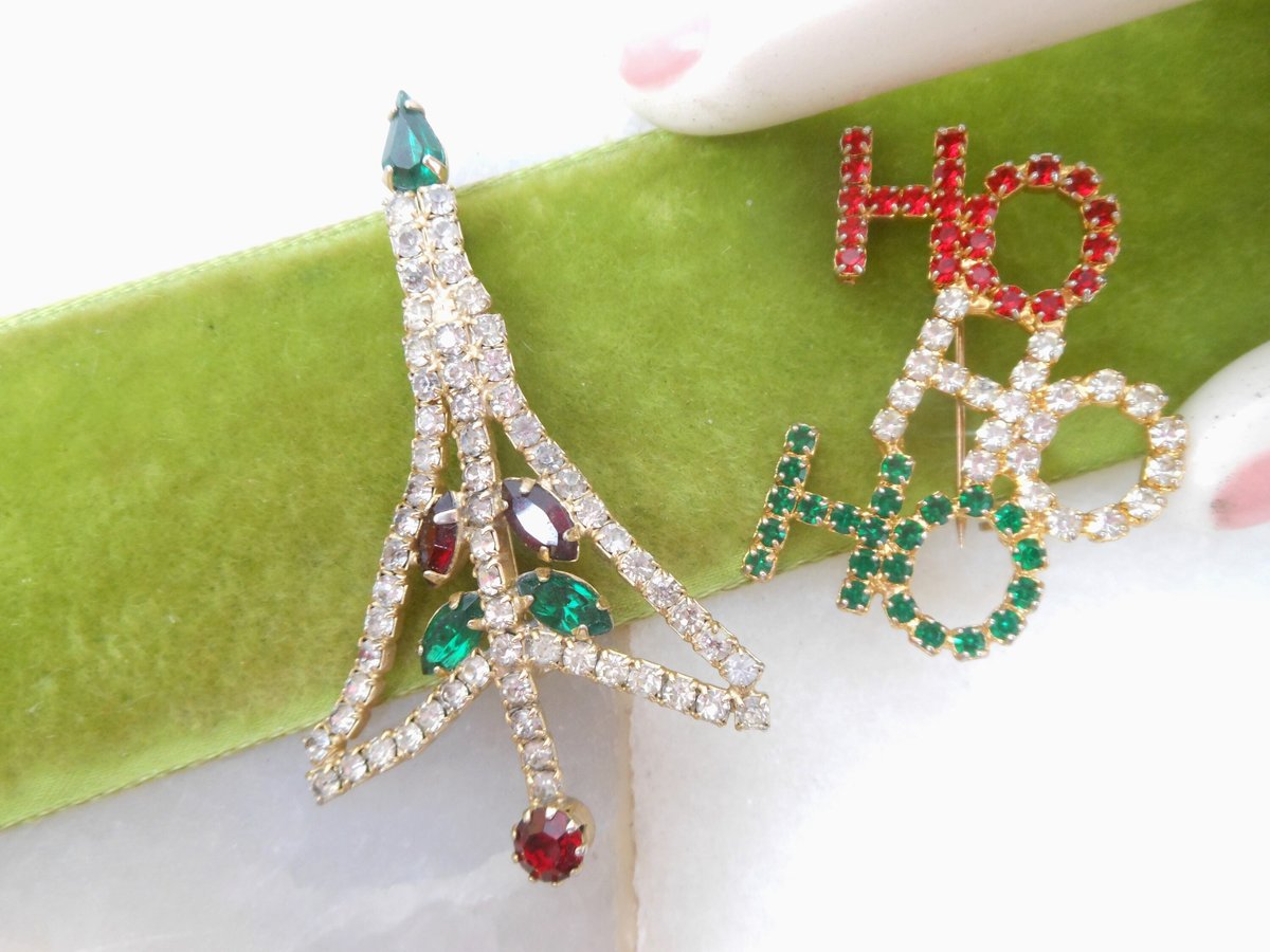 Vintage Christmas Tree HO HO HO Pin Brooch Lot 2 Rhinestone Red Green Santa Holiday Mid Century Jewelry Gift, VivianJoel.com