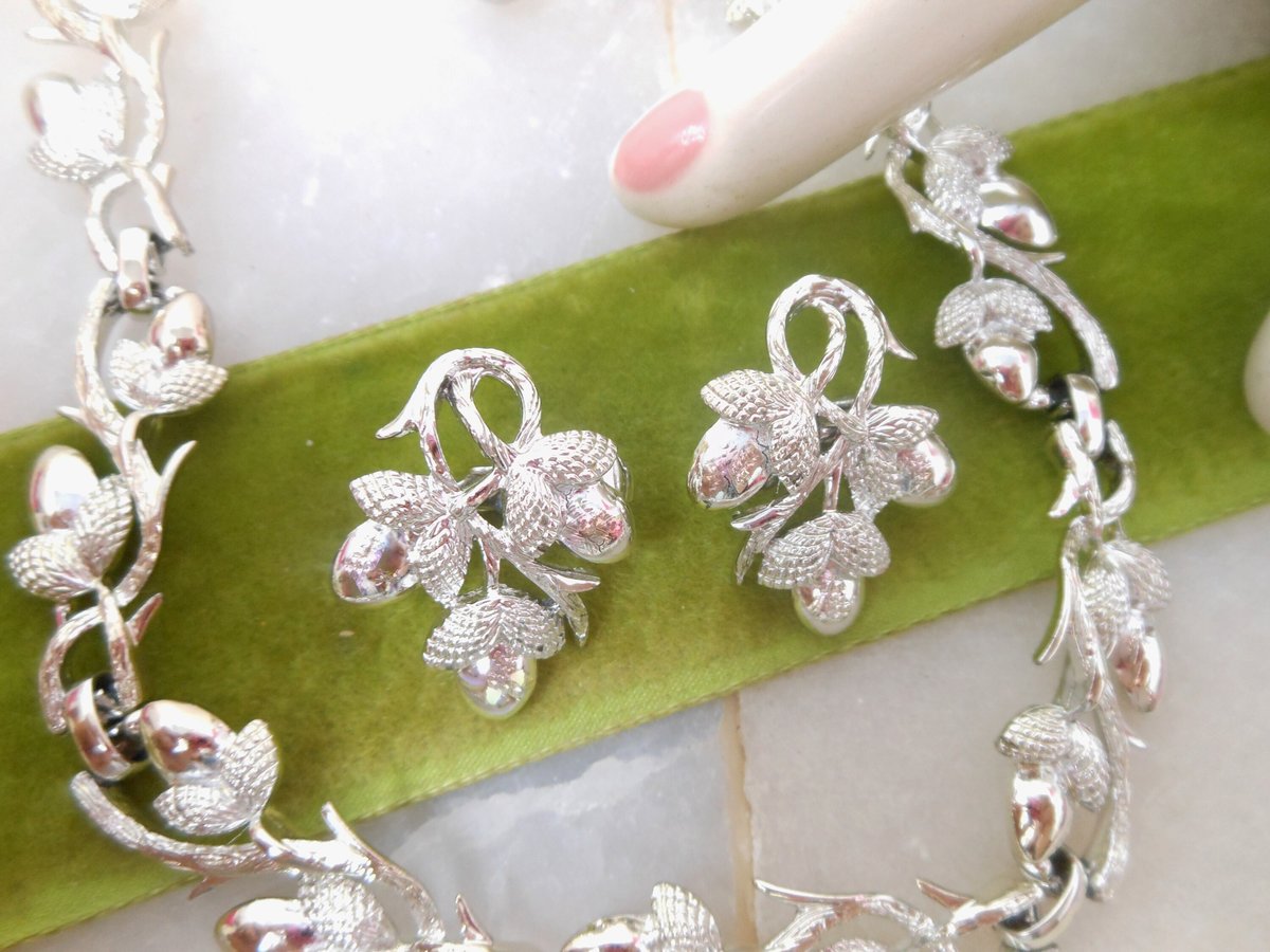 Vintage CORO Necklace Earrings Set Silvertone Acorn Leaf Modernist Mid Century Designer Jewelry Gift, VivianJoel.com