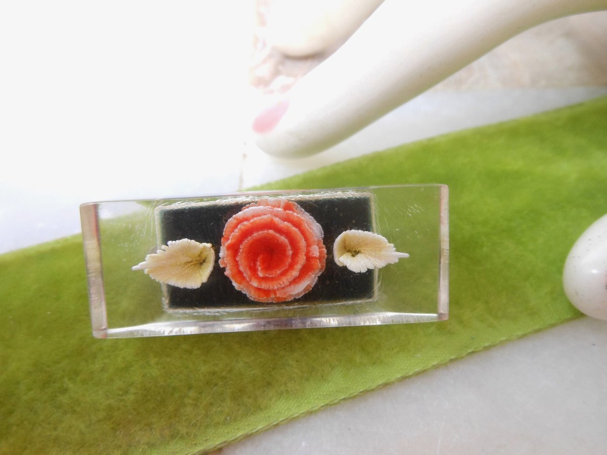 Vintage Orange Rose Brooch Lucite Flower Pin Reverse Carved Mid Century Plastic Resin Jewelry Gift, VivianJoel.com