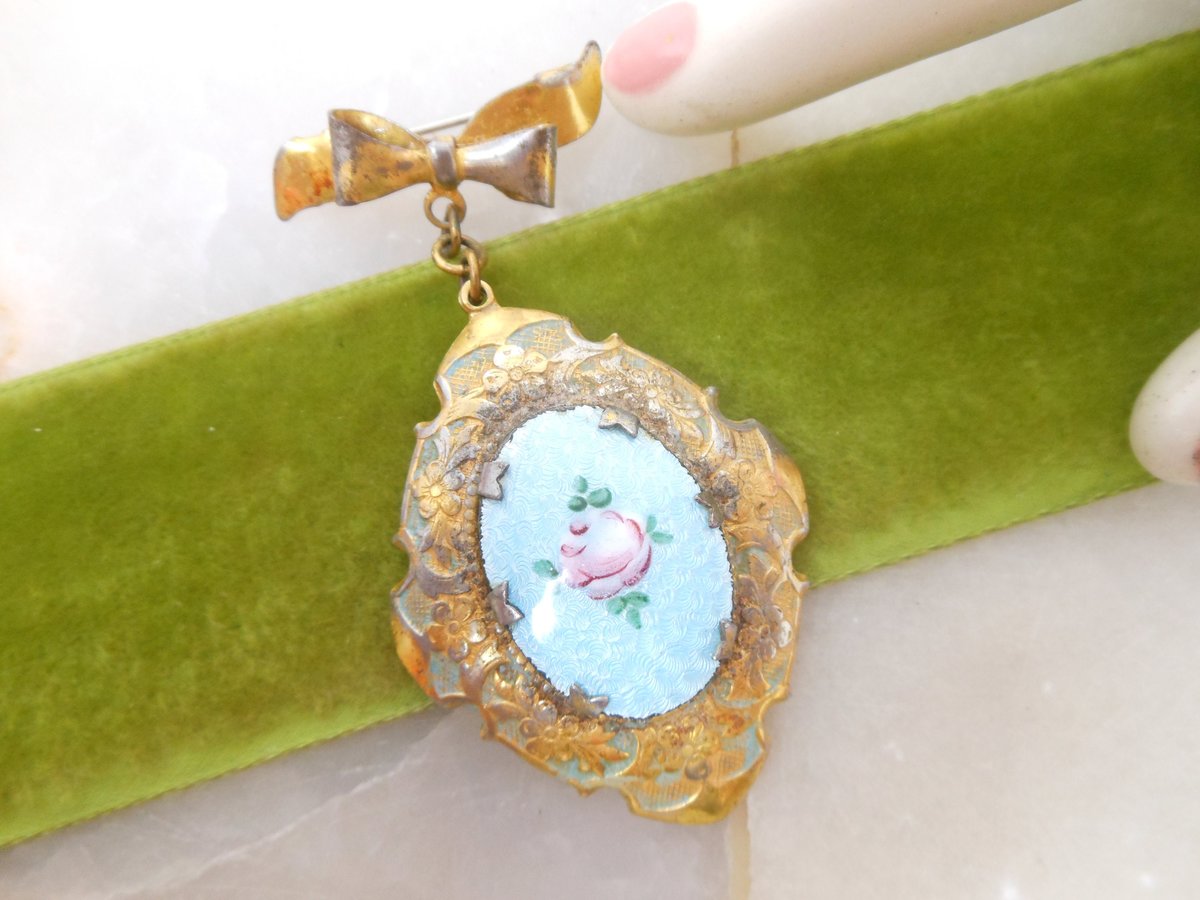 Vintage Flower Locket Brooch Photo Charm Pin Enamel Guilloche Pendant Fob Bow Victorian Revival Mid Century Jewelry Gift, VivianJoel.com