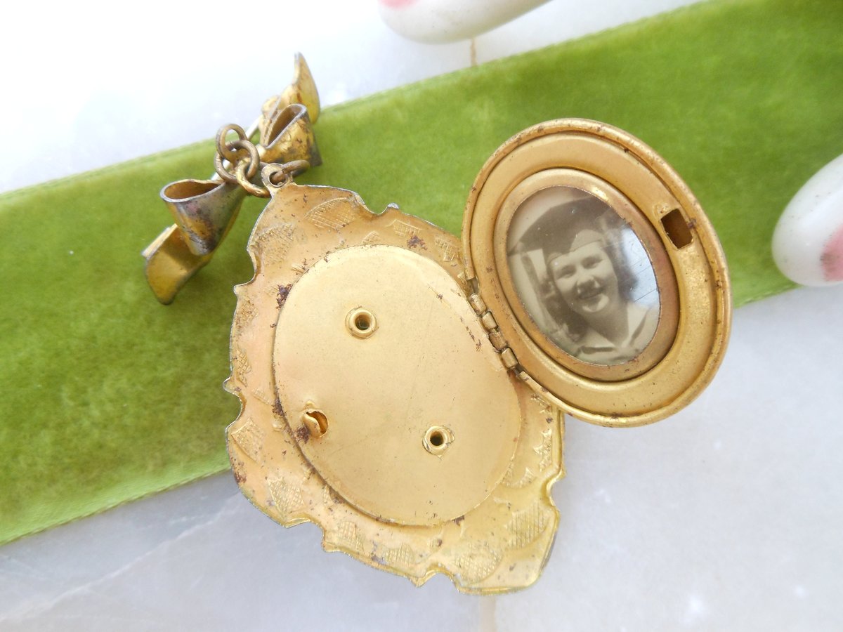 Vintage Flower Locket Brooch Photo Charm Pin Enamel Guilloche Pendant Fob Bow Victorian Revival Mid Century Jewelry Gift, VivianJoel.com