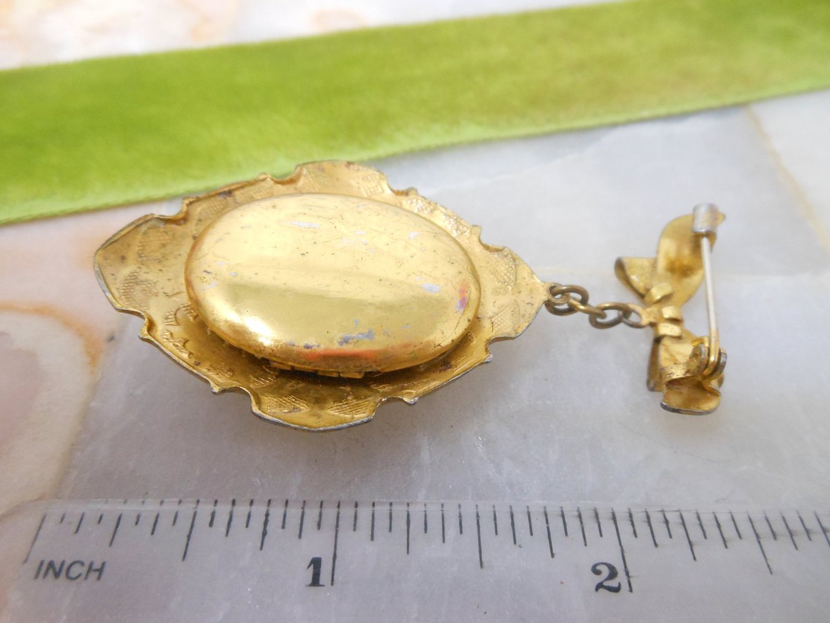 Vintage Flower Locket Brooch Photo Charm Pin Enamel Guilloche Pendant Fob Bow Victorian Revival Mid Century Jewelry Gift, VivianJoel.com