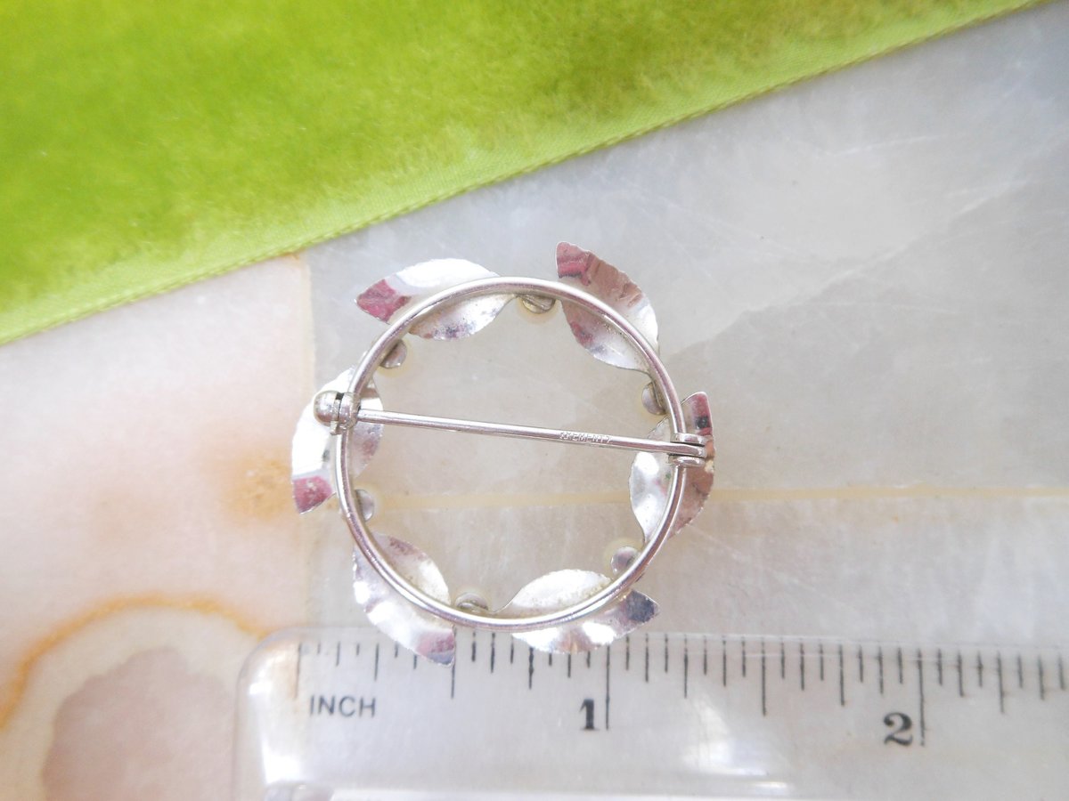 Vintage KREMENTZ Pearl Brooch Wreath Circle Pin White Gold Overlay Designer Petite Mid Century Jewelry Gift, VivianJoel.com