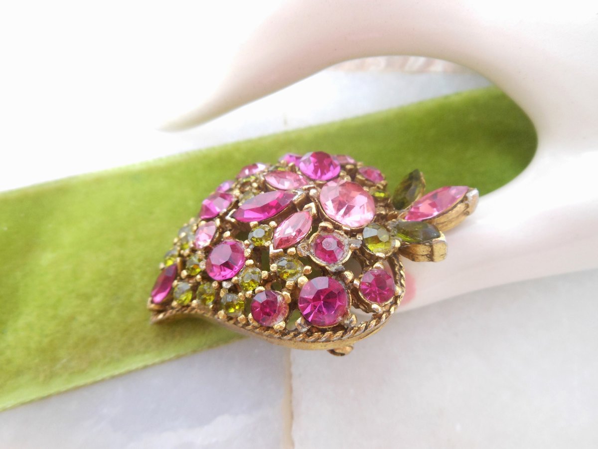 Vintage Pink Green Brooch Crystal Rhinestone Pin Leaf Fruit Gift Mid Century Jewelry, VivianJoel.com