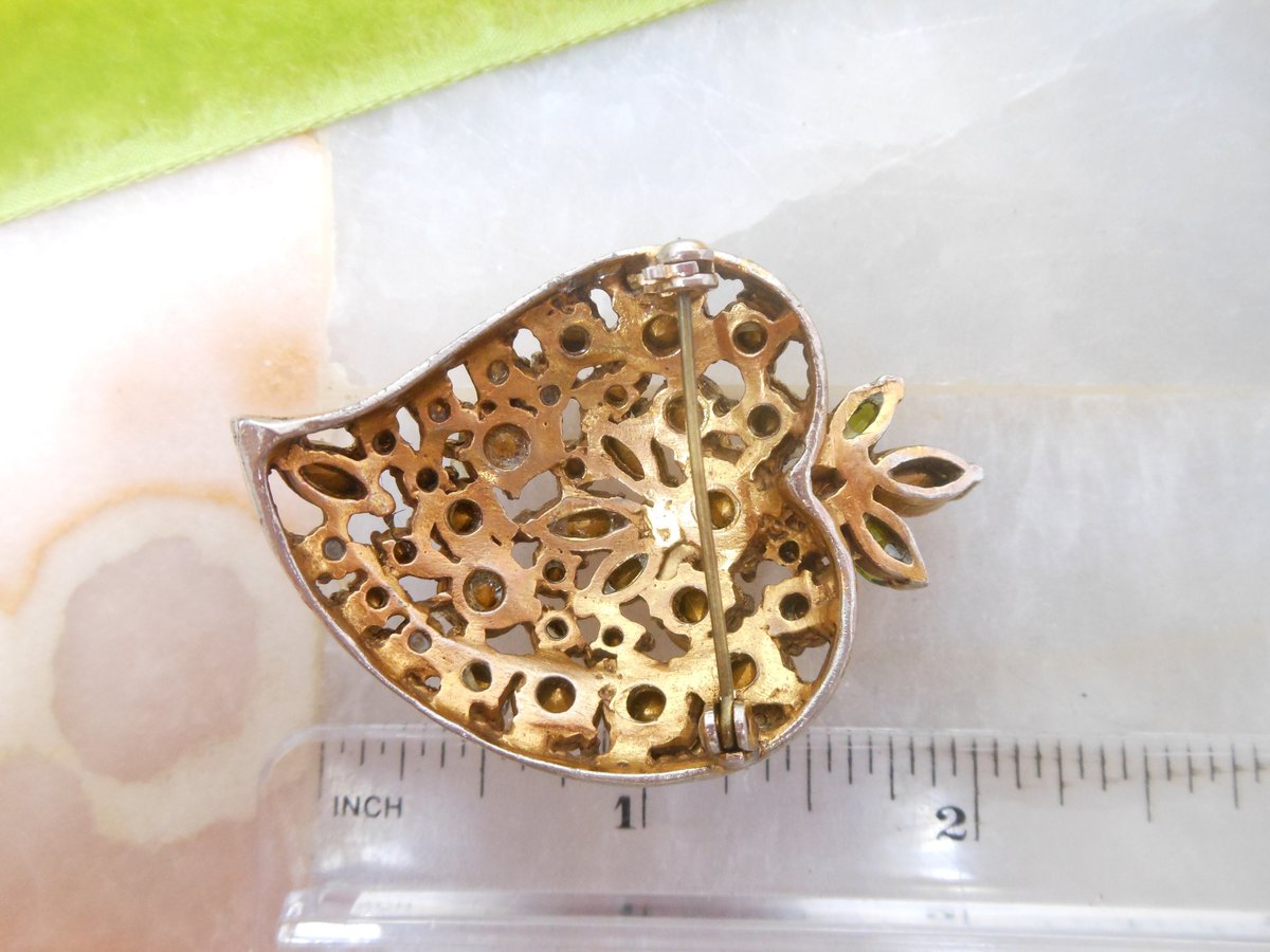 Vintage Pink Green Brooch Crystal Rhinestone Pin Leaf Fruit Gift Mid Century Jewelry, VivianJoel.com