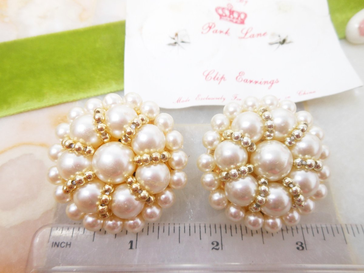 Vintage PARK LANE Jumbo Earrings Faux Pearl Bead Cluster Gold Tone Clip On Designer Mid Century Jewelry Gift, VivianJoel.com