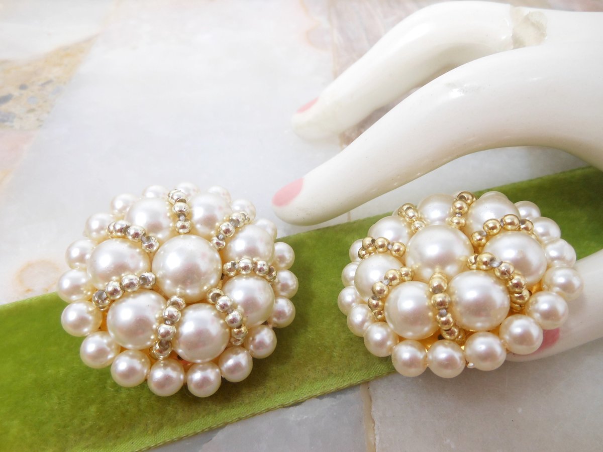 Vintage PARK LANE Jumbo Earrings Faux Pearl Bead Cluster Gold Tone Clip On Designer Mid Century Jewelry Gift, VivianJoel.com