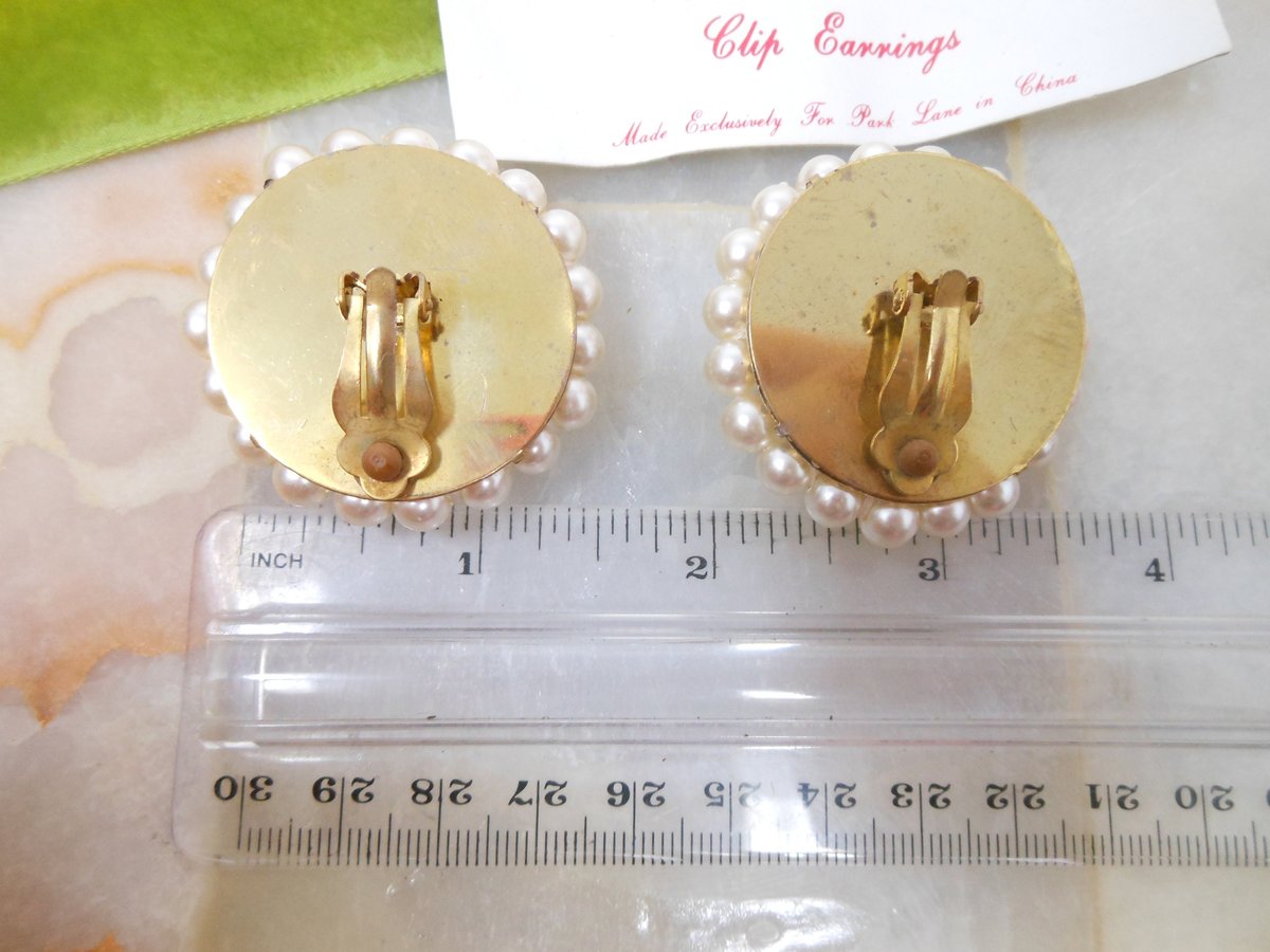 Vintage PARK LANE Jumbo Earrings Faux Pearl Bead Cluster Gold Tone Clip On Designer Mid Century Jewelry Gift, VivianJoel.com