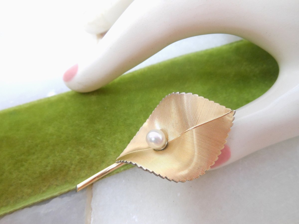 Vintage KREMENTZ Pearl Brooch Leaf Designer Pin Gold Overlay Delicate Minimalist Designer Jewelry Mid Century, VivianJoel.com