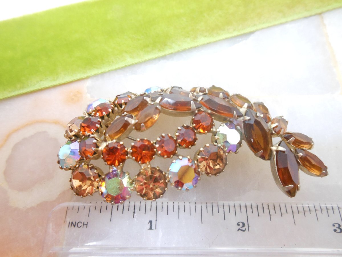 Vintage Topaz Crystal Brooch Rhinestone Paisley Comet Pin Aurora Borealis Open Back Jewelry Mid Century, VivianJoel.com