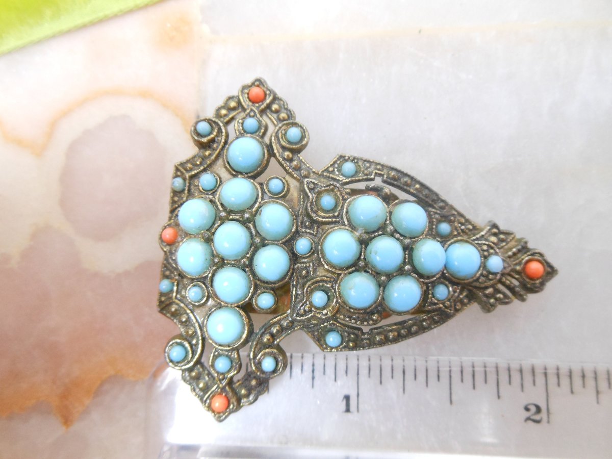 Vintage Art Deco Ornate Fur Dress Clip Brooch Blue Milk Glass Coral Bead Pot Metal Mid Century Jewelry, VivianJoel.com