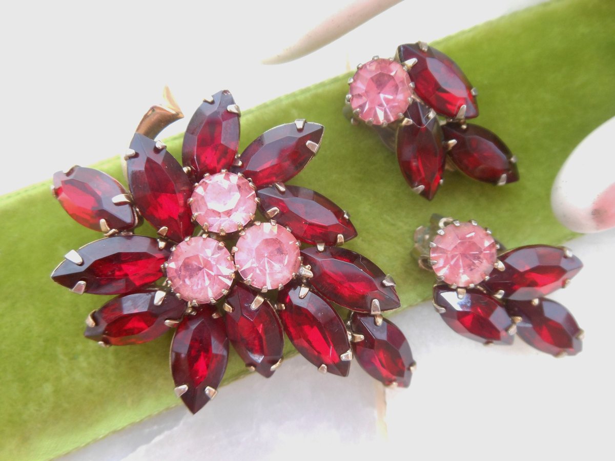 Vintage Ruby Red Brooch Flower Pin Earrings Set Pink Rhinestone Crystal Flower Leaf Jewelry Gift Mid Century, VivianJoel.com