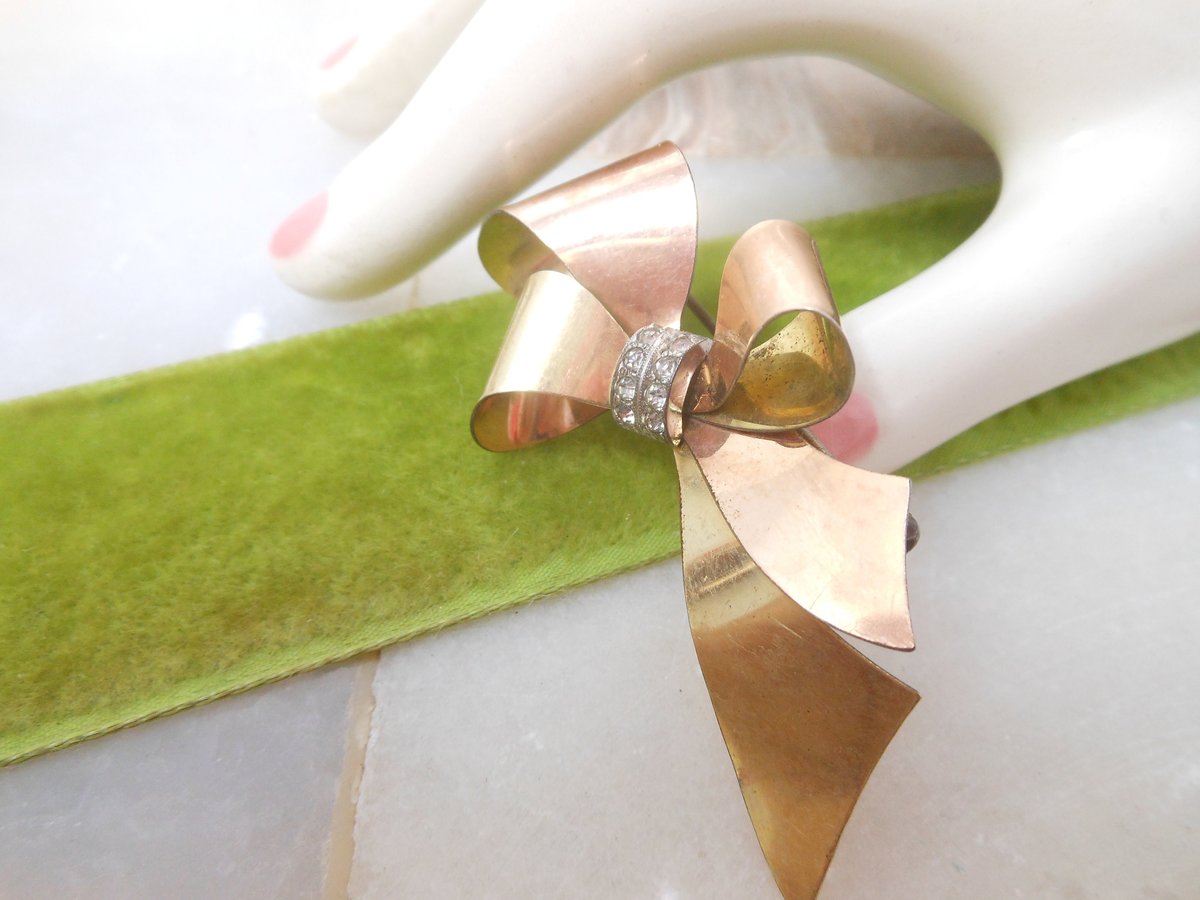 Vintage TAYLORD Gold Fill Ribbon Bow Brooch Pin Two Tone GF Clear Rhinestone Mid Century Designer Jewelry, VivianJoel.com
