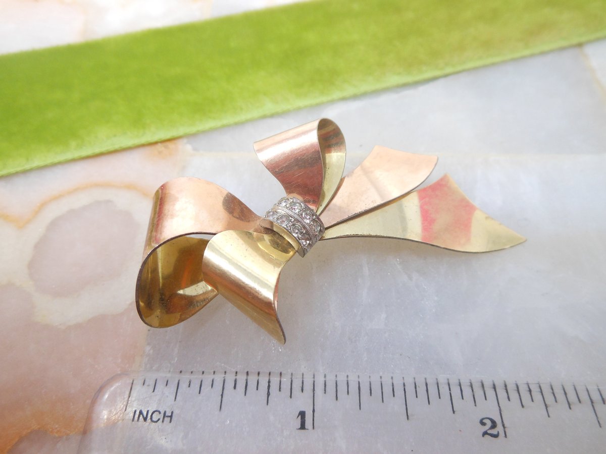 Vintage TAYLORD Gold Fill Ribbon Bow Brooch Pin Two Tone GF Clear Rhinestone Mid Century Designer Jewelry, VivianJoel.com