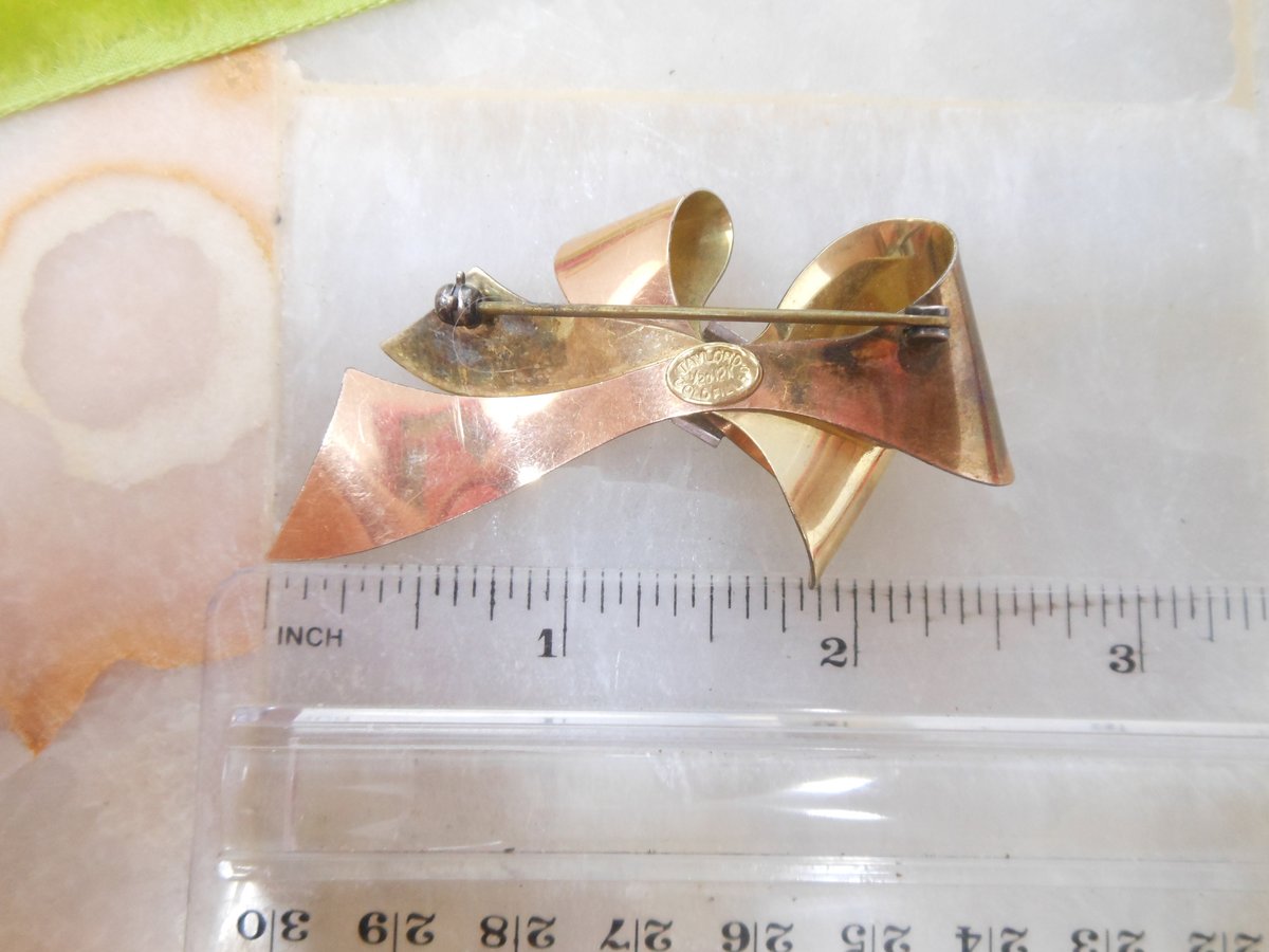 Vintage TAYLORD Gold Fill Ribbon Bow Brooch Pin Two Tone GF Clear Rhinestone Mid Century Designer Jewelry, VivianJoel.com