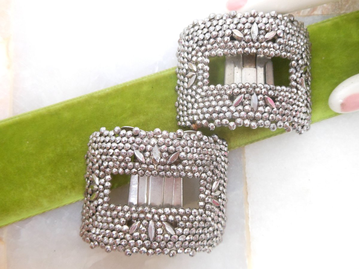 Vintage FBN CO Marcasite Steel Cut Shoe Buckle Clip Set Pair EVERGRIP Bracelet RePurpose Jewelry Upcycle Supply, VivianJoel.com