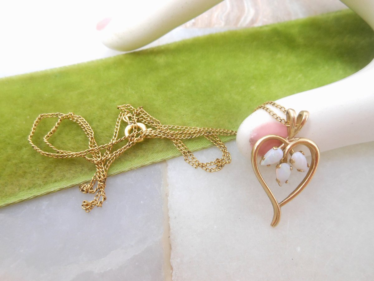 Vintage Opal Gold Fill Heart Pendant Necklace Petite Minimalist GF October Birthday Designer Mid Century Jewelry Gift, VivianJoel.com