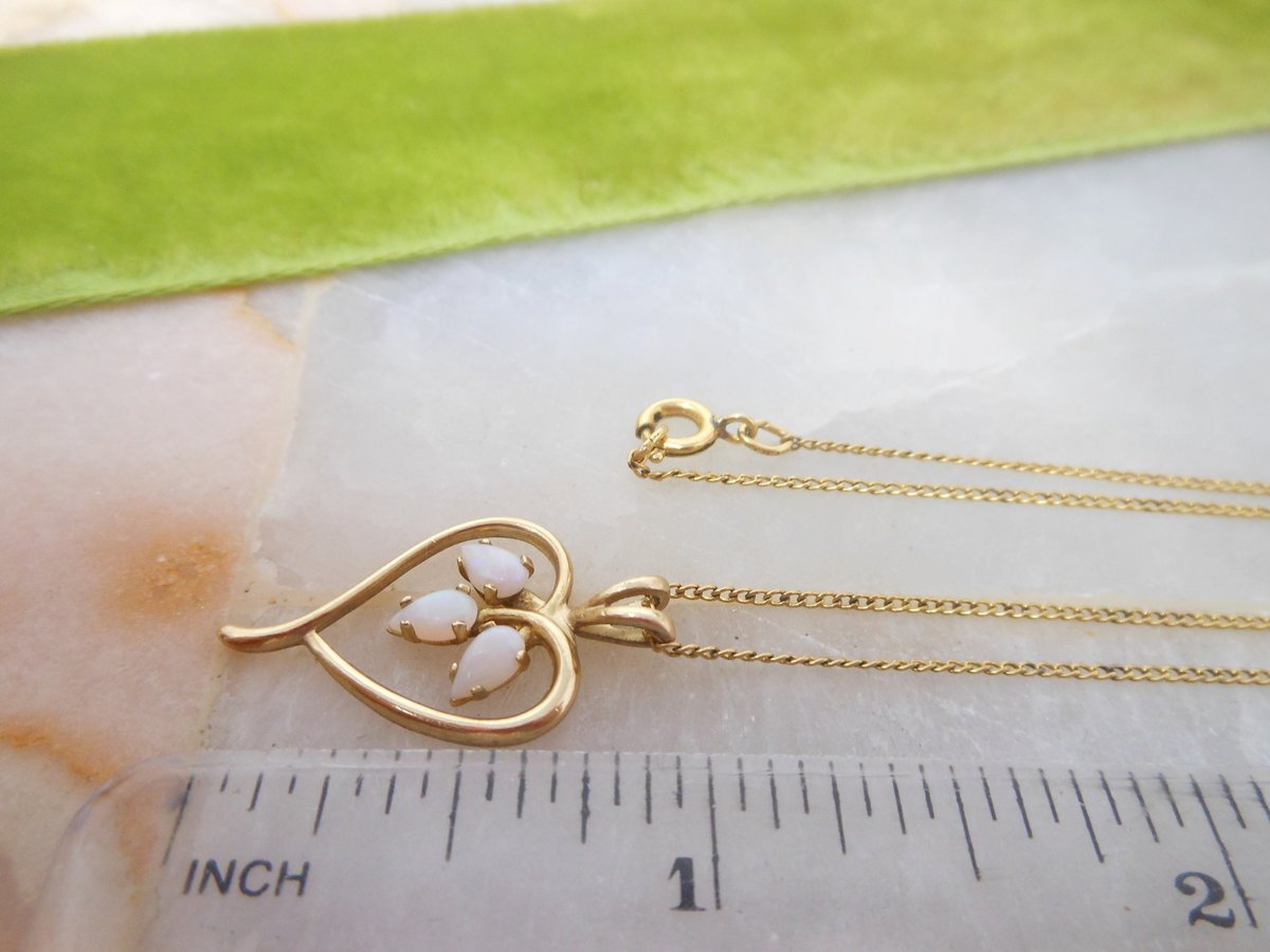 Vintage Opal Gold Fill Heart Pendant Necklace Petite Minimalist GF October Birthday Designer Mid Century Jewelry Gift, VivianJoel.com