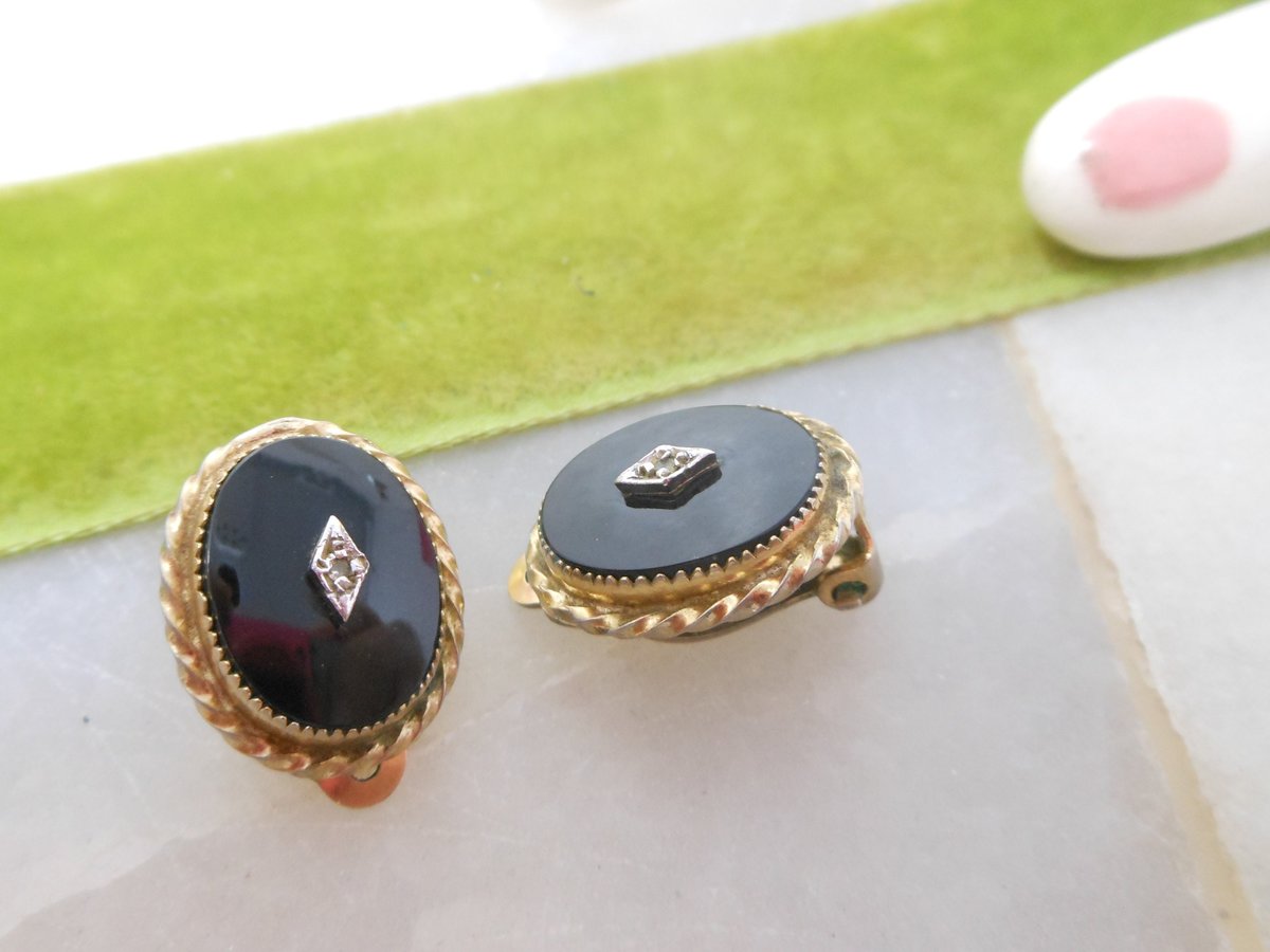 Vintage CHARLES ROTHMAN Gold Fill Earrings Clip On Mourning Black Glass GF Victorian Revival Designer Mid Century Jewelry, VivianJoel.com