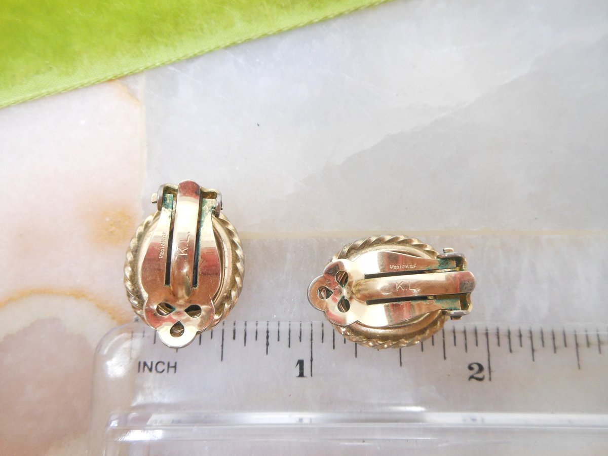 Vintage CHARLES ROTHMAN Gold Fill Earrings Clip On Mourning Black Glass GF Victorian Revival Designer Mid Century Jewelry, VivianJoel.com