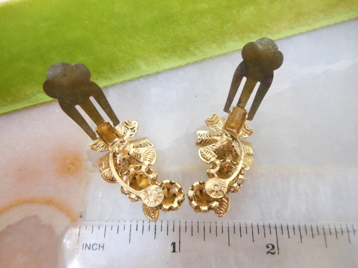 Vintage AUSTRIA Rhinestone Flower Earrings Clip On Topaz Citrine Crystal Mid Century Jewelry Gift, VivianJoel.com