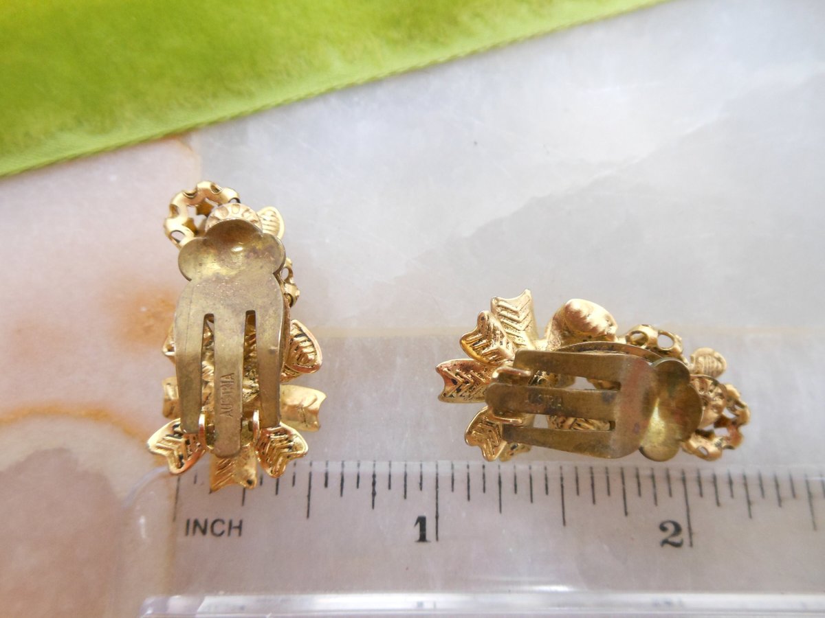 Vintage AUSTRIA Rhinestone Flower Earrings Clip On Topaz Citrine Crystal Mid Century Jewelry Gift, VivianJoel.com