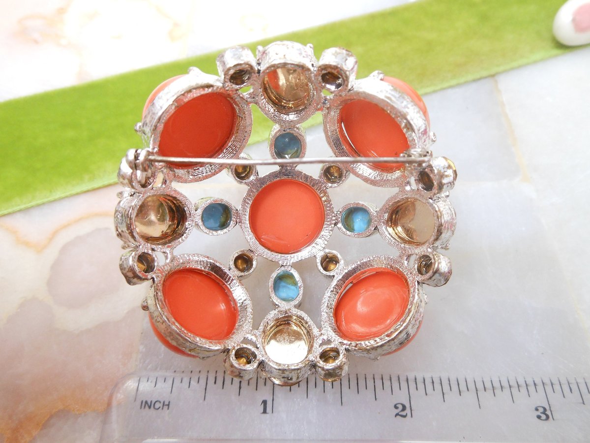 Vintage Huge 80s Pin Brooch Chunky Dome Melon Orange Blue Citrine Massive Runway Statement Century Jewelry Gift,  VivianJoel.com