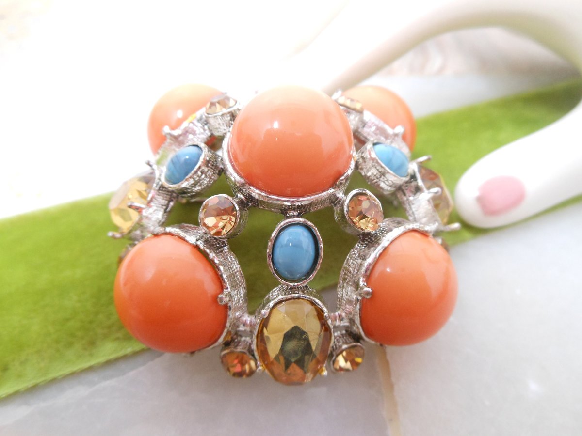 Vintage Huge 80s Pin Brooch Chunky Dome Melon Orange Blue Citrine Massive Runway Statement Century Jewelry Gift,  VivianJoel.com