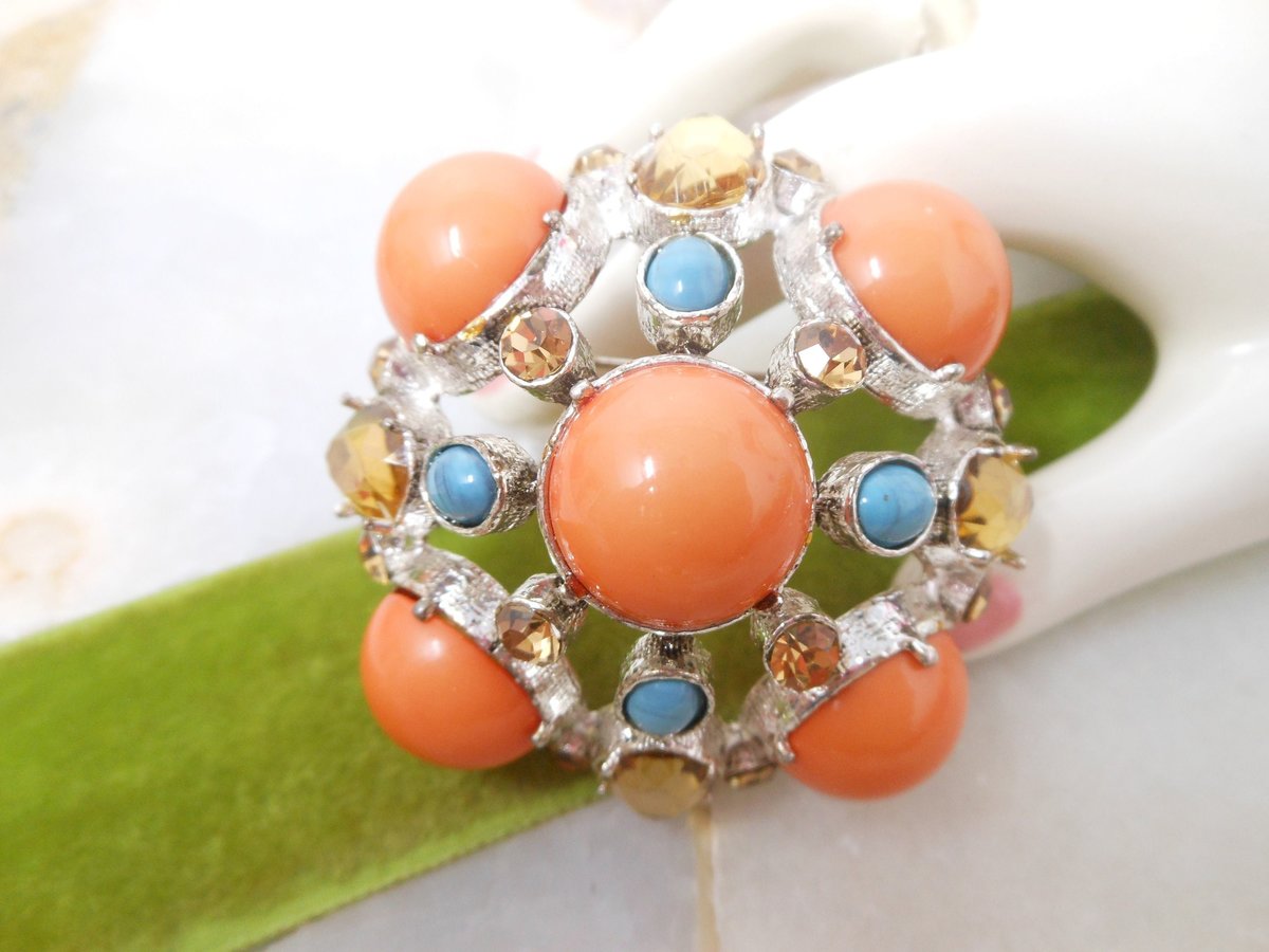 Vintage Huge 80s Pin Brooch Chunky Dome Melon Orange Blue Citrine Massive Runway Statement Century Jewelry Gift,  VivianJoel.com