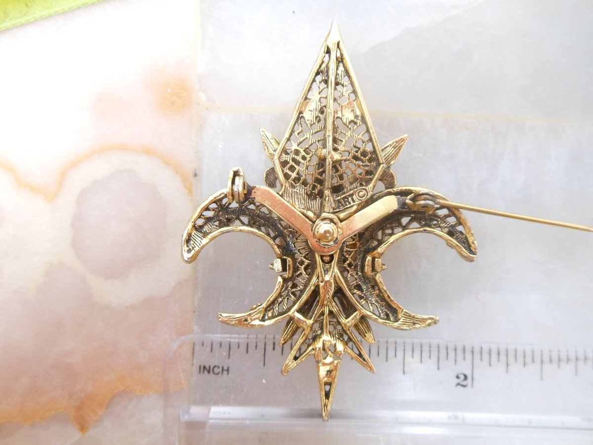 Vintage ART Designer Signed Brooch Fleur De Lis Pin Enamel Flower Faux Pearl Regency Revival Jewelry Mid Century Gift, VivianJoel.com