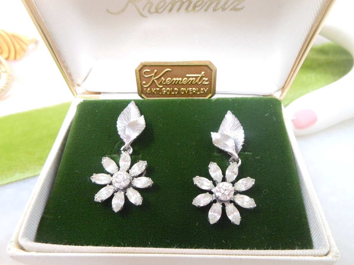 Vintage KREMENTZ Earrings Crystal Flower Designer Screw Back Gold Overlay Daisy Dangle Drop Original Box Mid Century Jewelry, VivianJoel.com
