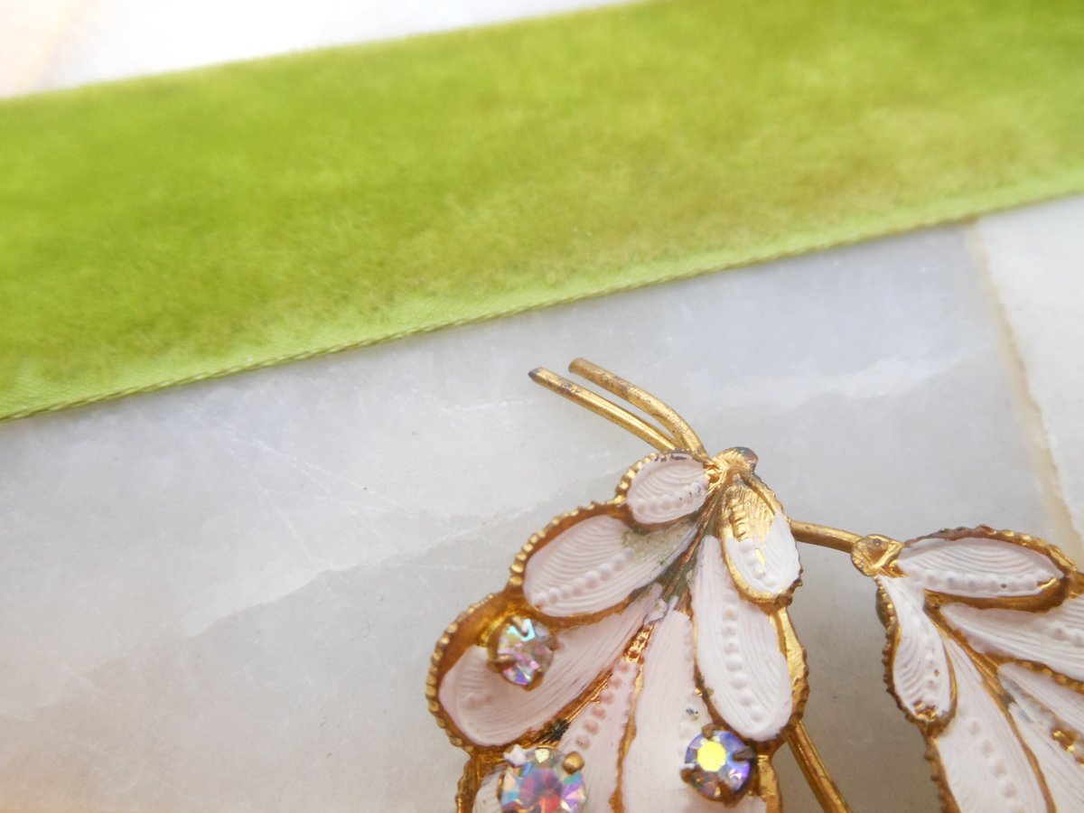 Vintage AUSTRIA Flower Brooch Leaf Pin Aurora Borealis Rhinestone Enamel Bouquet Mid Century Jewelry Gift, VivianJoel.com