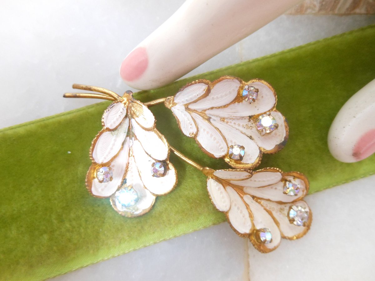 Vintage AUSTRIA Flower Brooch Leaf Pin Aurora Borealis Rhinestone Enamel Bouquet Mid Century Jewelry Gift, VivianJoel.com