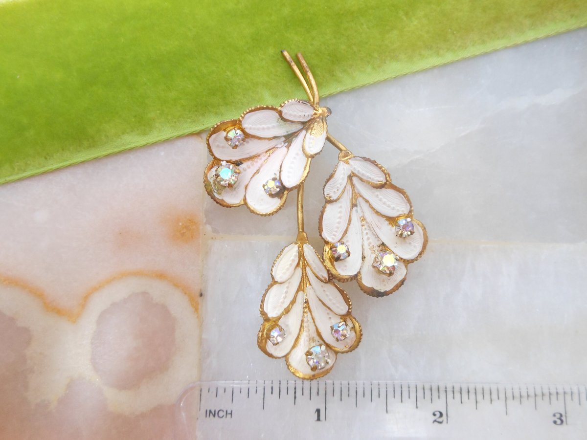 Vintage AUSTRIA Flower Brooch Leaf Pin Aurora Borealis Rhinestone Enamel Bouquet Mid Century Jewelry Gift, VivianJoel.com