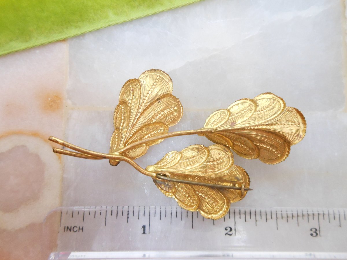 Vintage AUSTRIA Flower Brooch Leaf Pin Aurora Borealis Rhinestone Enamel Bouquet Mid Century Jewelry Gift, VivianJoel.com