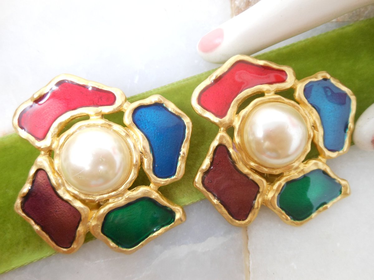 Vintage Huge Chunky Earrings Clip On Jumbo Flower Faux Pearl 80s Statement Jewelry Gift, VivianJoel.com