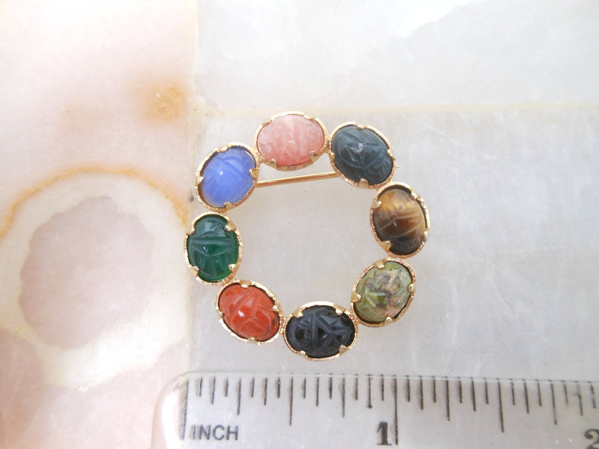 Vintage D'OR Scarab Brooch Gemstone Pin GF Gold Fill Circle Wreath Egyptian Revival Beetle Designer Jewelry Mid Century Gift, VivianJoel.com