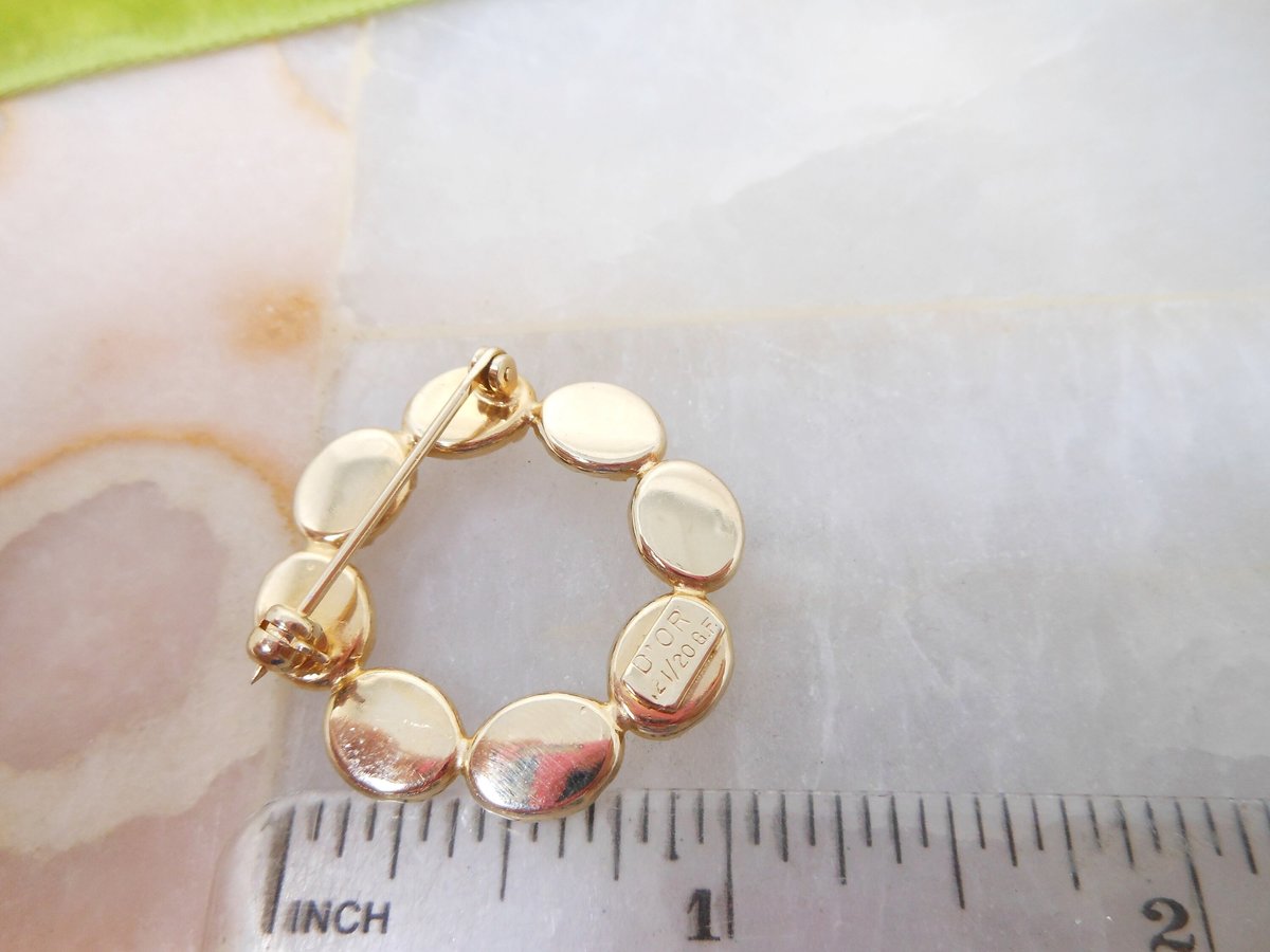 Vintage D'OR Scarab Brooch Gemstone Pin GF Gold Fill Circle Wreath Egyptian Revival Beetle Designer Jewelry Mid Century Gift, VivianJoel.com