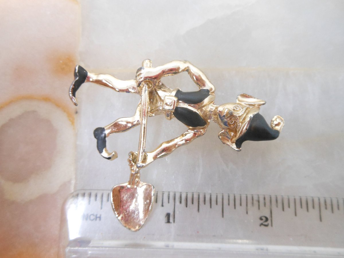 Vintage Pixie Elf Pin Shovel Figural Black Enamel Leprechaun Brooch Kitsch Mid Century Jewelry Gift, VivianJoel.com