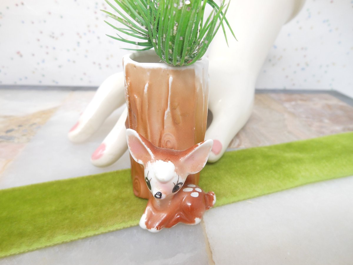 Vintage Fawn Deer Reindeer Toothpick Holder Vase Ceramic Japan Figurine Tree Stump Christmas Anytime Mid Century Gift, VivianJoel.com