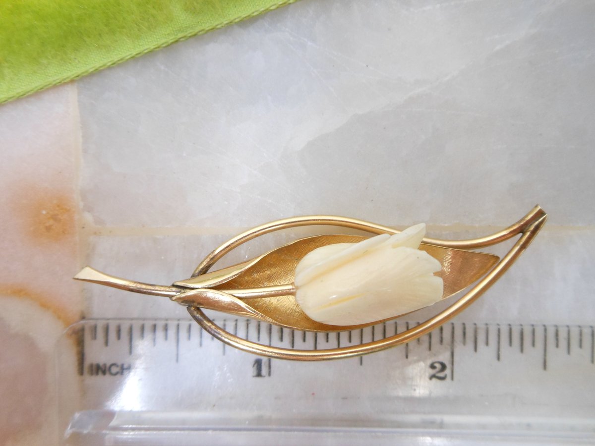 Vintage WINARD Designer Brooch Carved Rose Flower GF Pin Gold Fill Bovine Bone Jewelry Mid Century Elegant Gift, VivianJoel.com