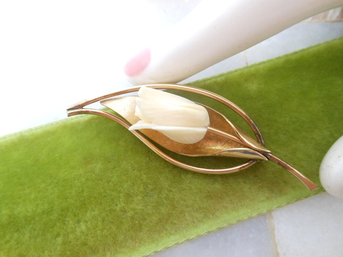 Vintage WINARD Designer Brooch Carved Rose Flower GF Pin Gold Fill Bovine Bone Jewelry Mid Century Elegant Gift, VivianJoel.com