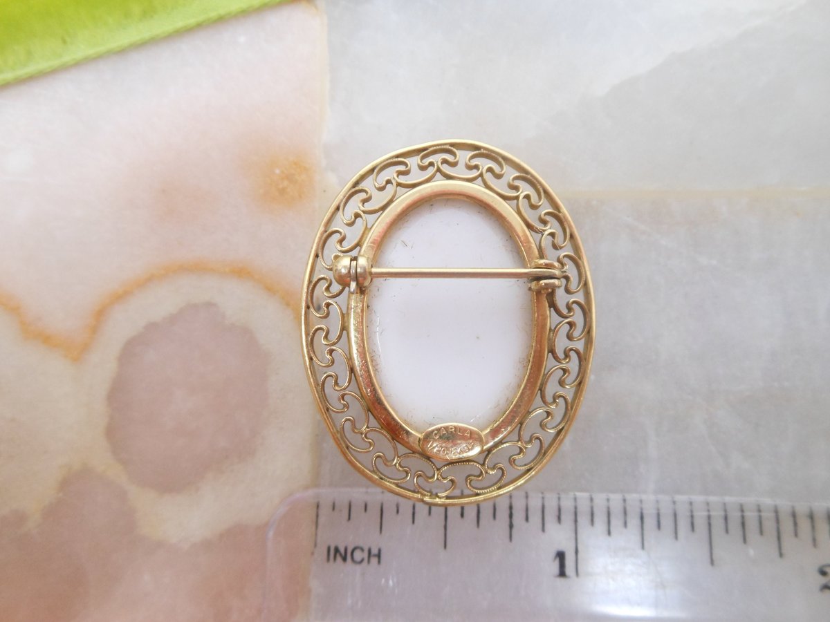 Vintage CARLA Cameo Brooch Gold Fill Pin Glass Victorian Revival GF Designer Mid Century Jewelry Gift, VivianJoel.com