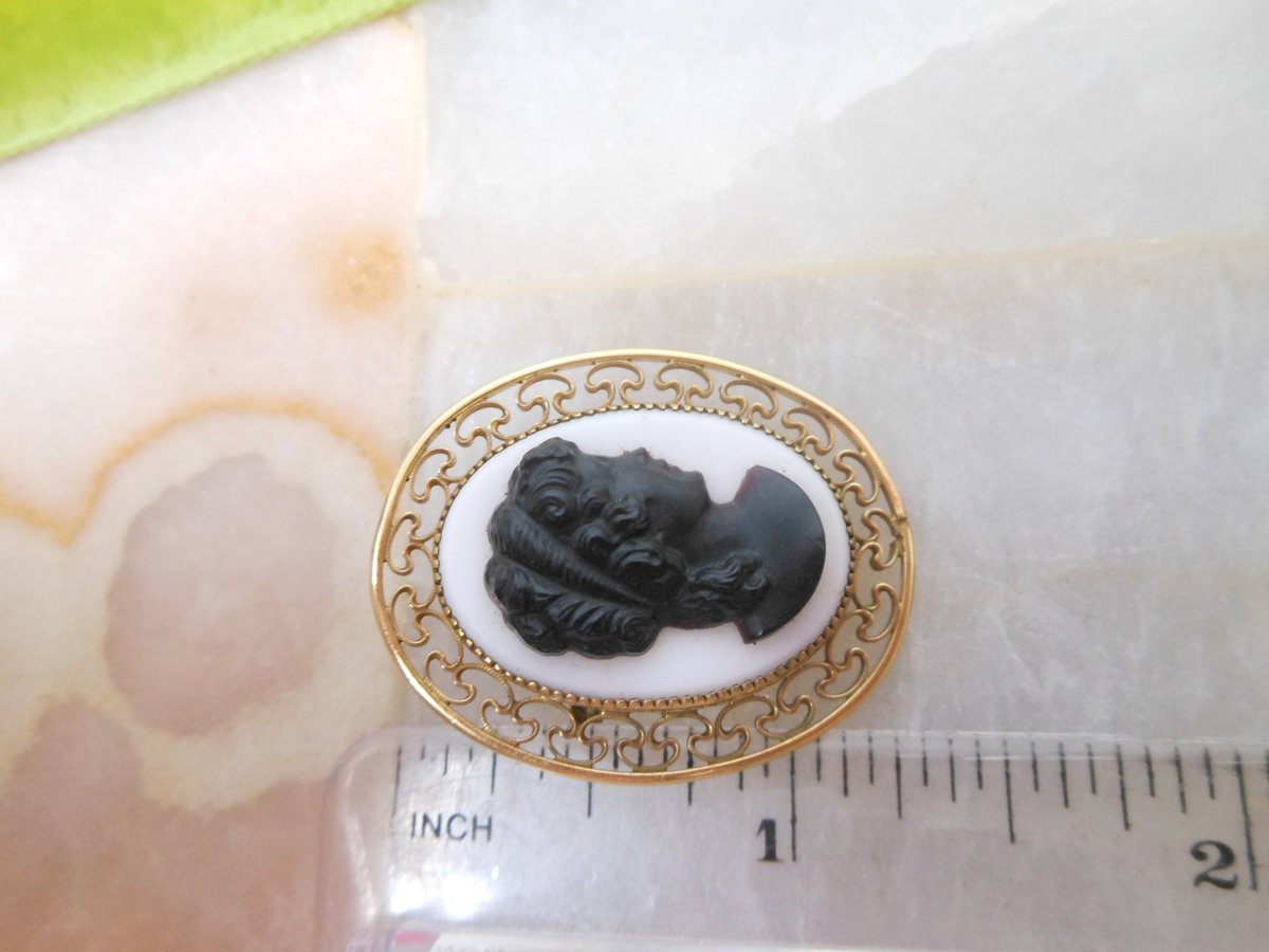Vintage CARLA Cameo Brooch Gold Fill Pin Glass Victorian Revival GF Designer Mid Century Jewelry Gift, VivianJoel.com