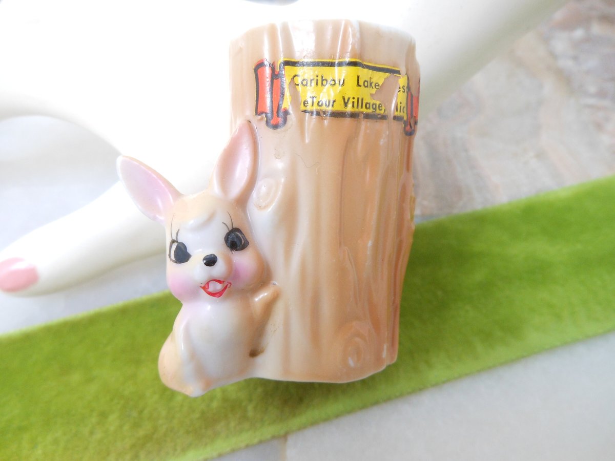 Vintage Rabbit Bunny Big Eye Toothpick Holder Vase Ceramic Japan Figurine Tree Stump Woodland Animal Mid Century Gift, VivianJoel.com
