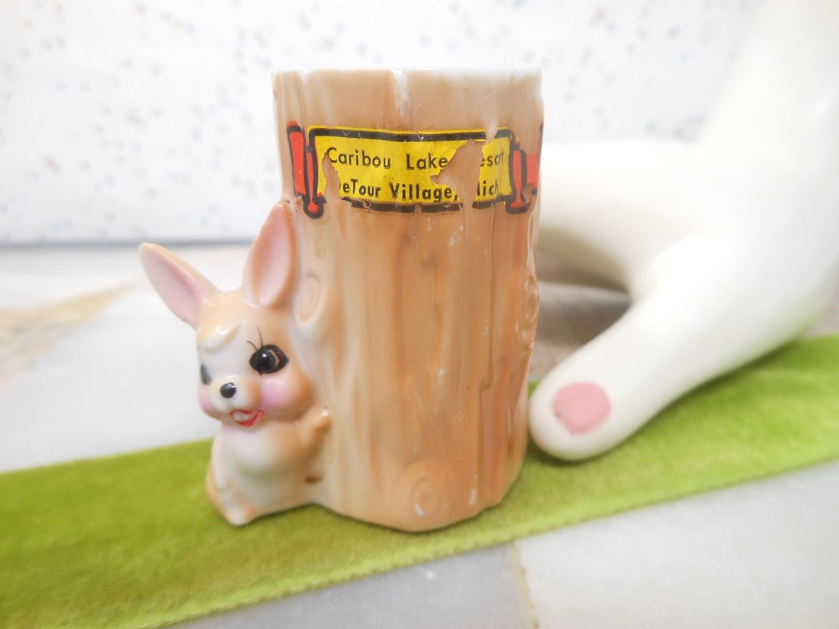 Vintage Rabbit Bunny Big Eye Toothpick Holder Vase Ceramic Japan Figurine Tree Stump Woodland Animal Mid Century Gift, VivianJoel.com