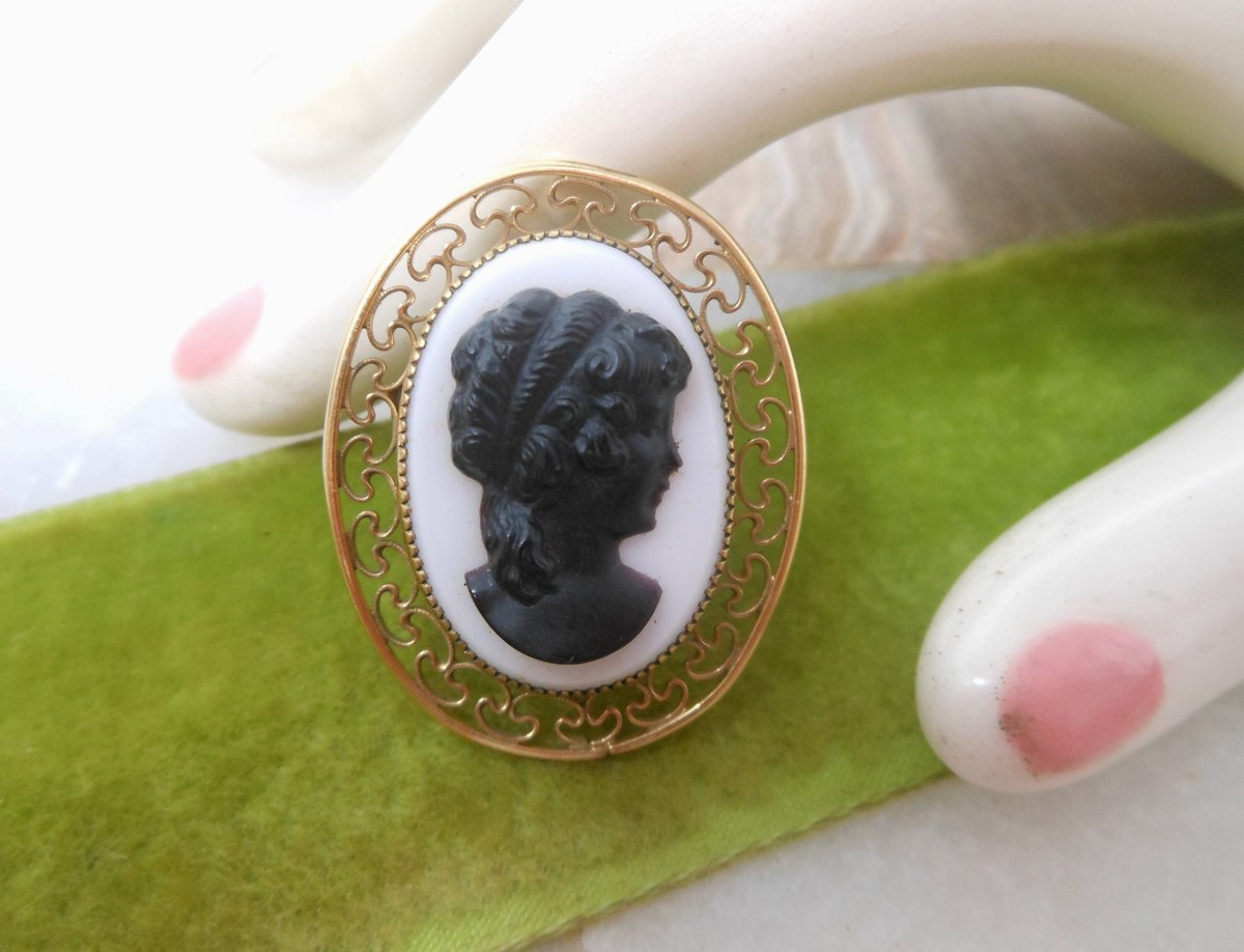 Vintage CARLA Cameo Brooch Gold Fill Pin Glass Victorian Revival GF Designer Mid Century Jewelry Gift, VivianJoel.com