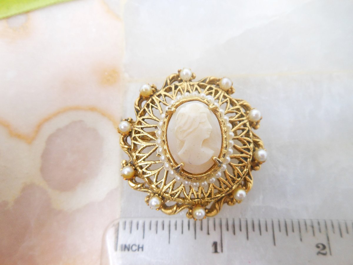 Vintage FLORENZA Brooch Victorian Revival Pin Pendant Cameo Ornate Faux Pearl Mid Century Designer Jewelry Gift, VivianJoel.com